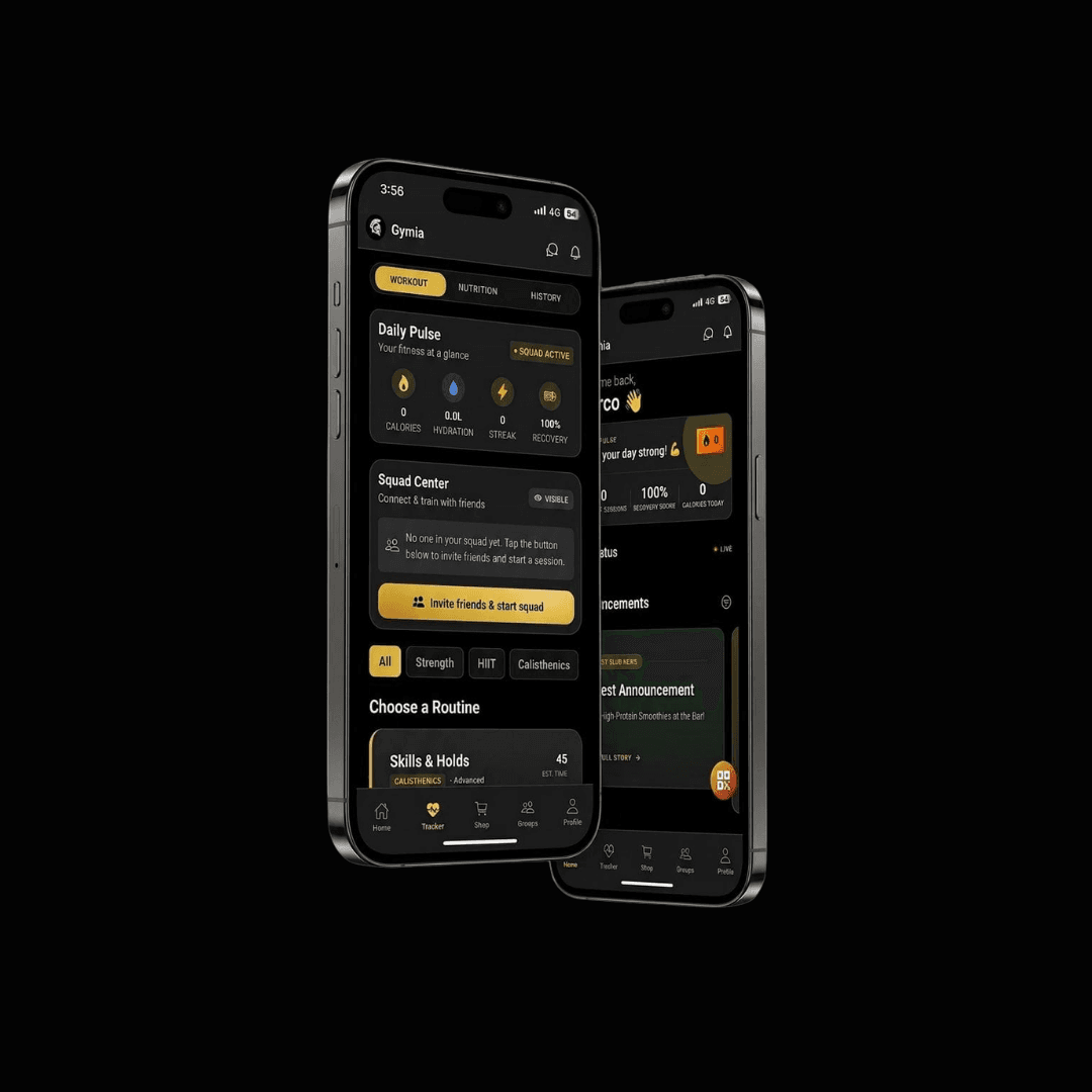 Gymia App Interface showing Daily Pulse, Squad Center, and workout routines